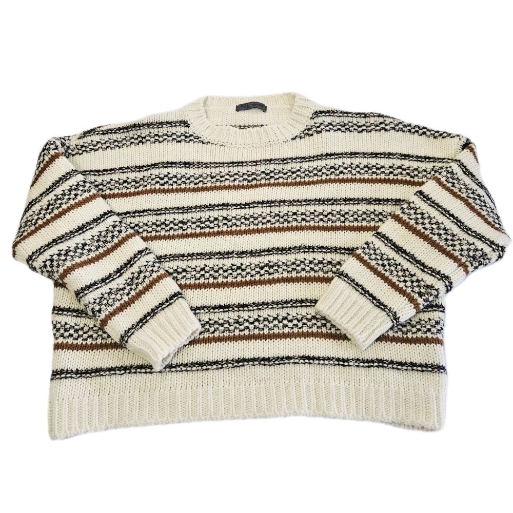 Elsamanda Women's Sweater Size L Cream Brown Striped Knit Wool Blend‎ Cropped
